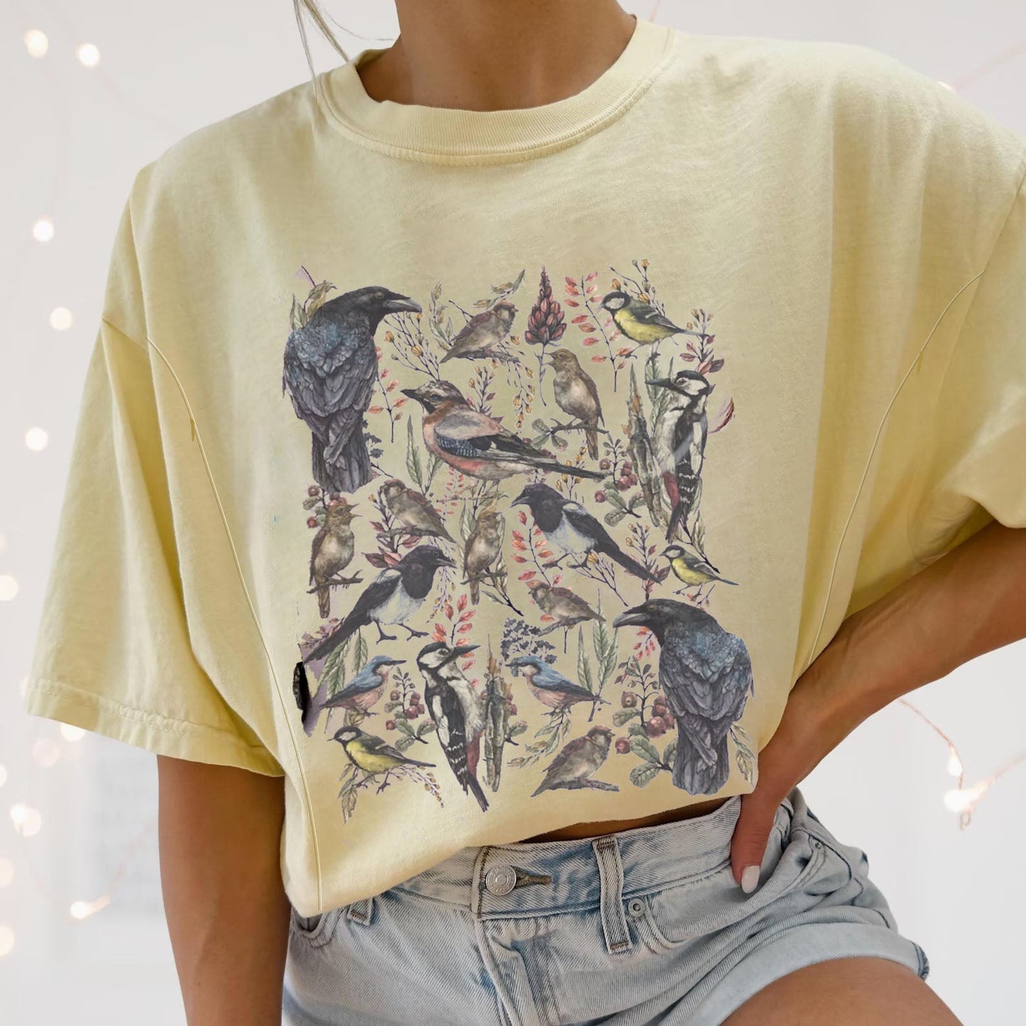 Vintage Birds and Flowers Graphic Nursing T-shirt