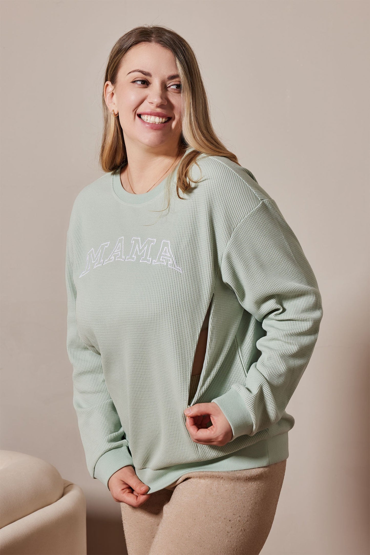 Waffle Knit Mama With Zippers Breastfeeding Sweatshirt