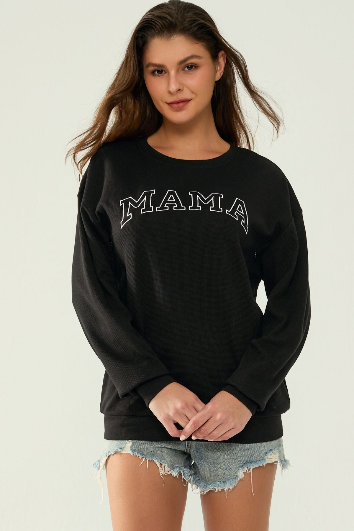 Waffle Knit Mama With Zippers Breastfeeding Sweatshirt