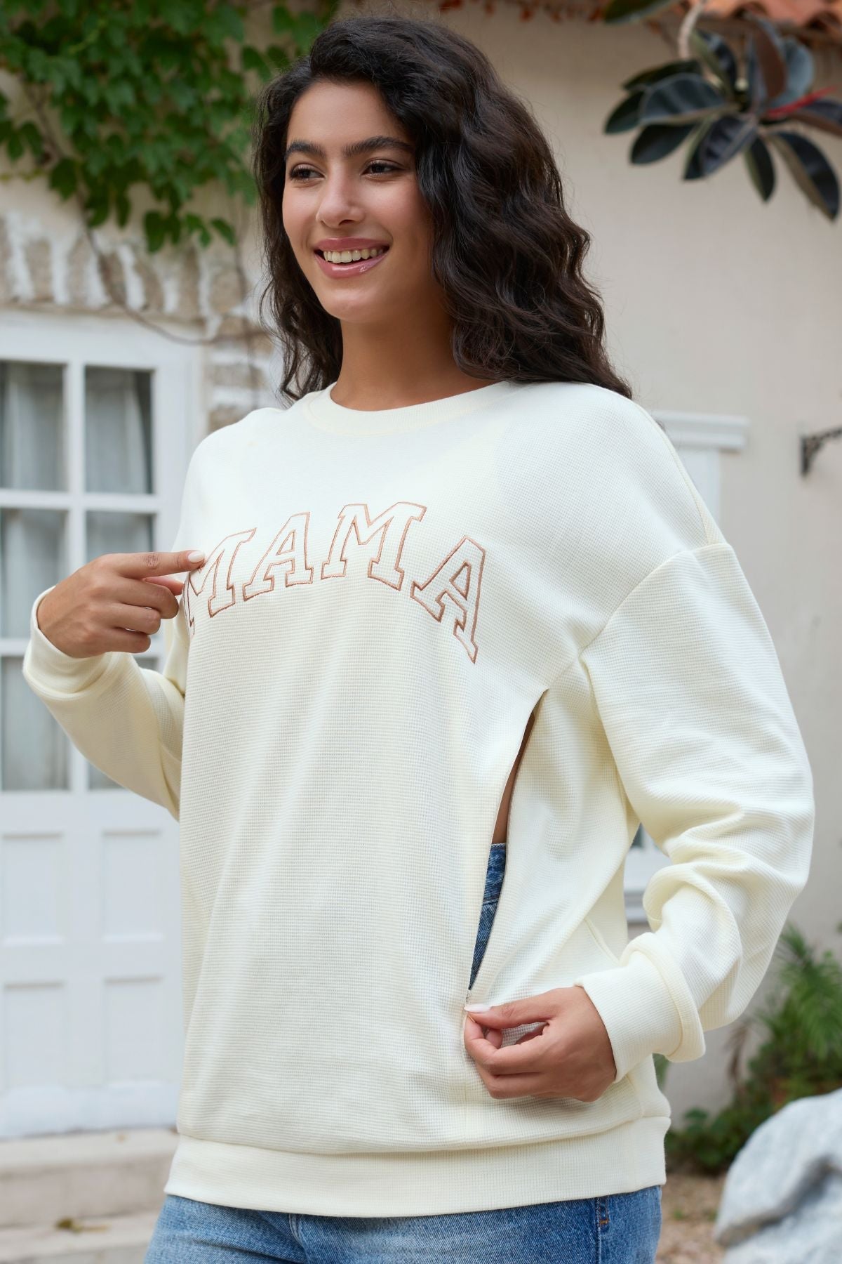 Waffle Knit Mama With Zippers Breastfeeding Sweatshirt