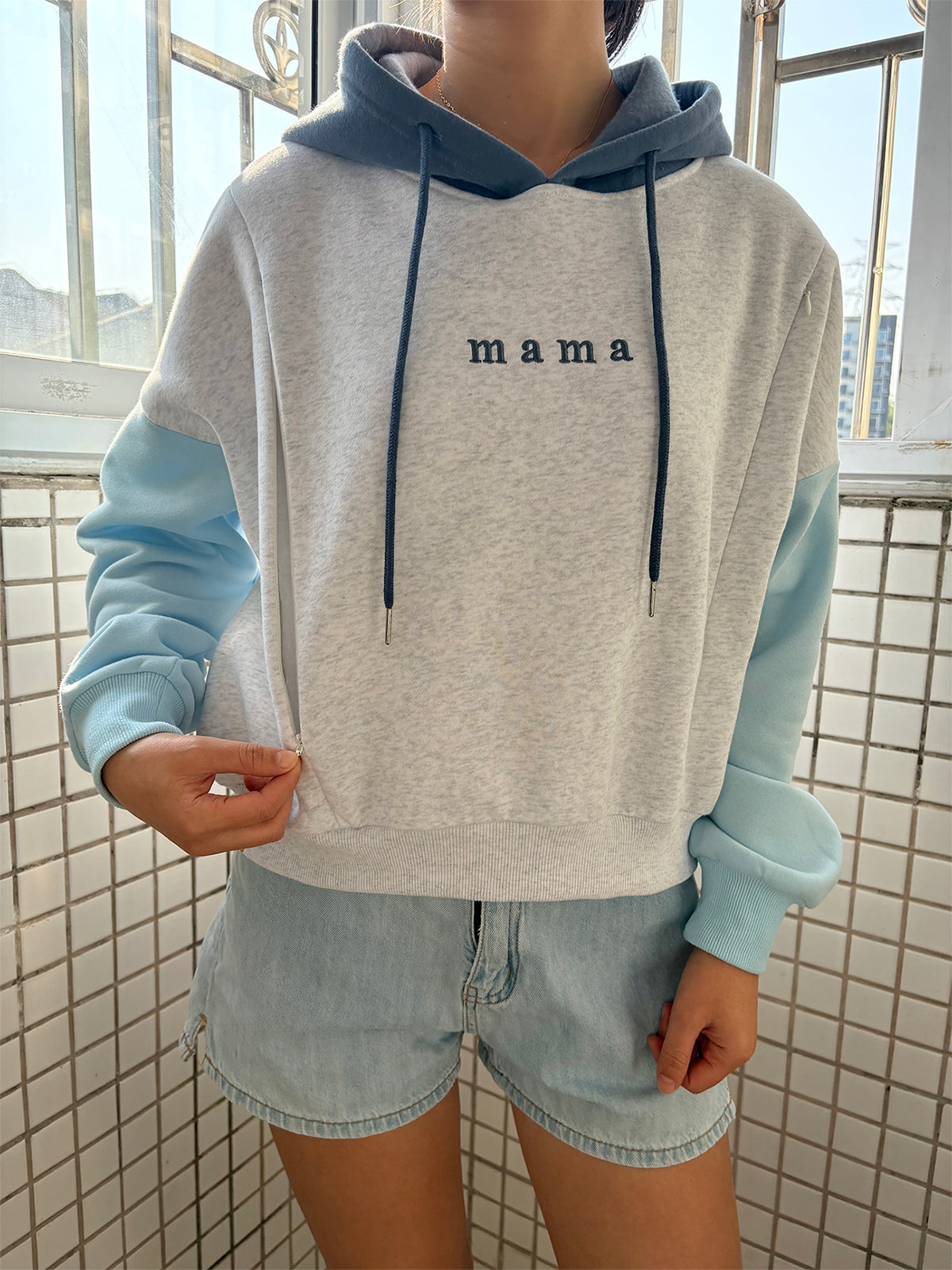 Embroidered Mama Color Block Nursing Cropped Hoodie