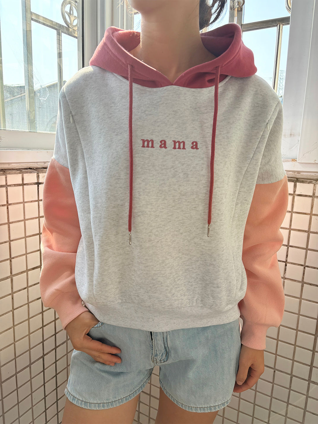 Embroidered Mama Color Block Nursing Cropped Hoodie