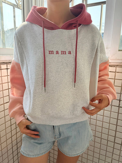 Embroidered Mama Color Block Nursing Cropped Hoodie