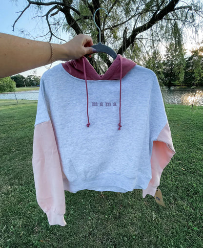 Embroidered Mama Color Block Nursing Cropped Hoodie
